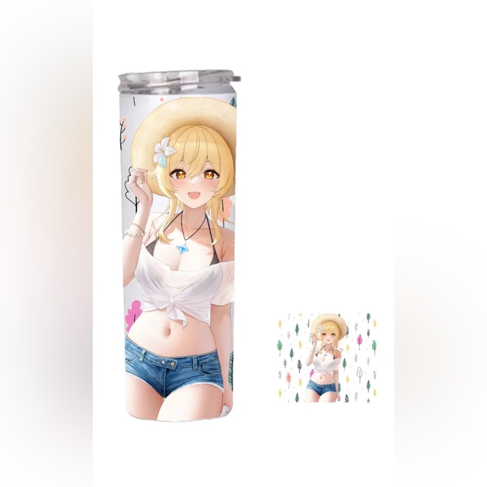 Yellow straw hat denim shorts, blonde anime Cute girl Semi handmade Special gift